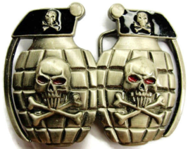 Belt Buckle Split Grenade Crossbones &amp; Skull Black Enamel Silver Tone Used - £31.64 GBP