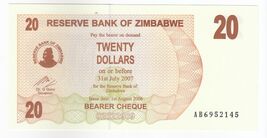 Zimbabue, 20 Dólares, 2007, Banco Reserva de Zimbabue, P40, UNC - $11.77