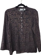 Chicos Shirt Womens 3(16) Brown 100% Silk  Gold Foil Paisley Sheer Blous... - $24.02