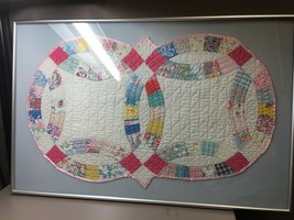 Framed Vintage Partial Wedding Ring Quilt Hand Made Multi Color Chrome Frame - £44.30 GBP