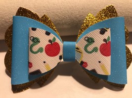 BACK TO SCHOOL 3 LAYER HAIR BOW, GOL, BLUE, AND WHITE. 4&quot; X 2.75&quot;. HOMEMADE - £6.21 GBP