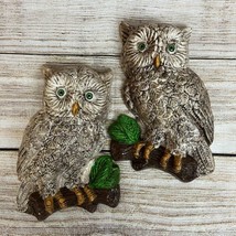 Vintage Set of Chalkware Owls on Branches Green Eyes 8” Wall Plaques 70&#39;s Decor - £19.76 GBP