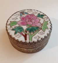 Vintage Porcelain Flower Butterfly Trinket Jewelry Box Round Mirror Silv... - £19.69 GBP