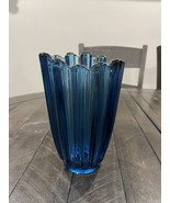 Fostoria Celestial Blue Glass Ribbed Stretch Vase 7.25” MCM - $34.64