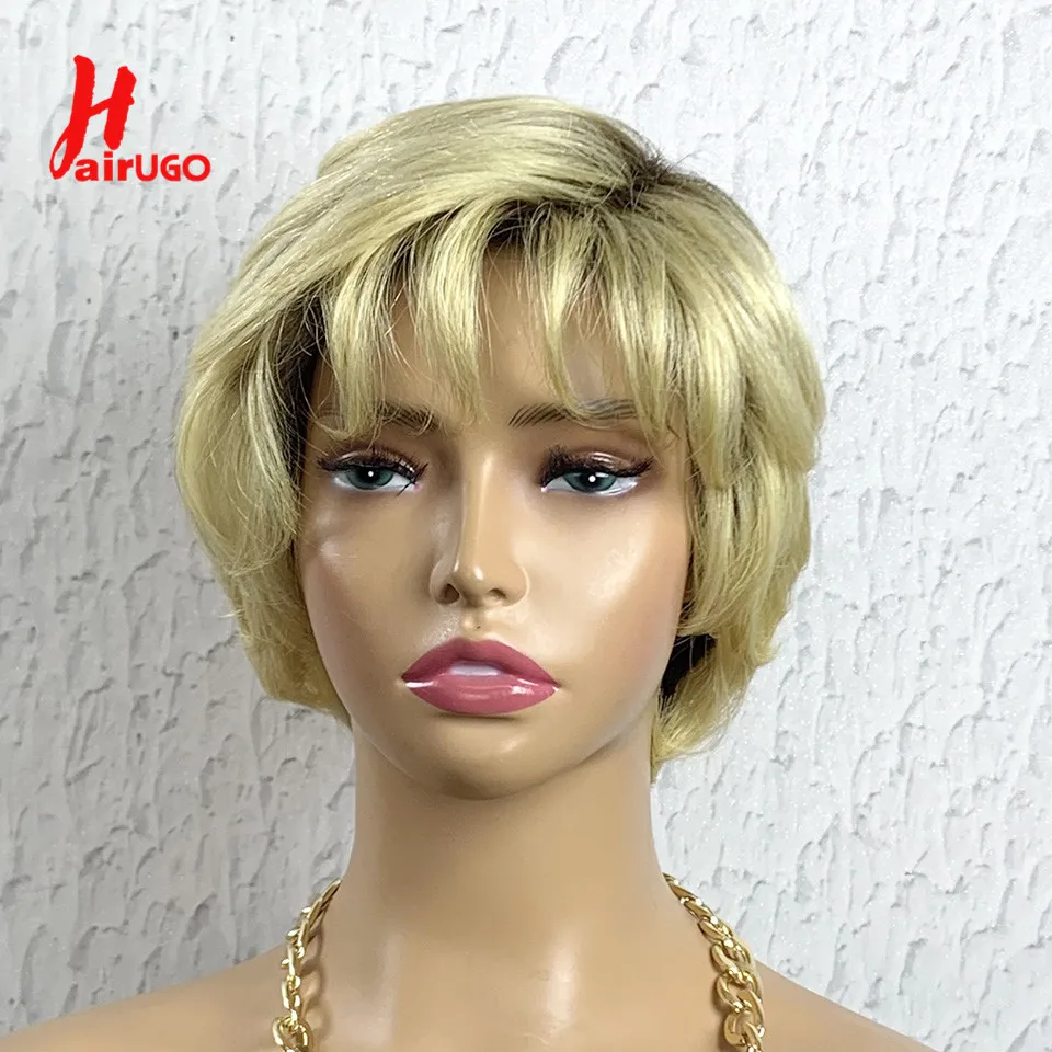 T4/613 Pixie Cut Wigs Glueless Wigs Dark Root Blonde Short Machine Made Wigs - £28.52 GBP