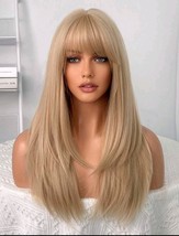 Blonde long straight wig, blonde long wig, blonde wig with bangs, blonde wig  - £29.03 GBP