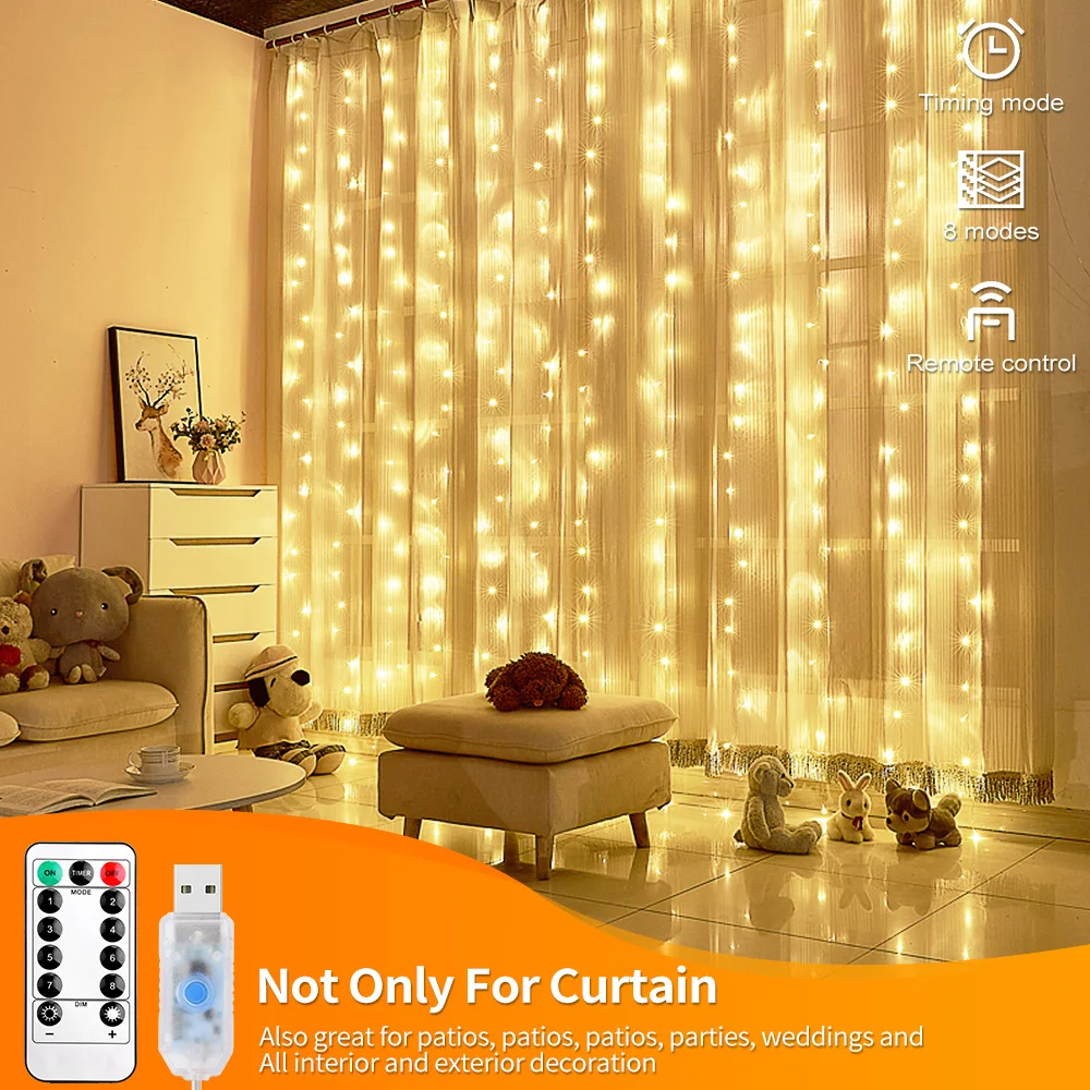 Curtain LED 3x 300led string light USB fairy icicle copper wire remote control C - £137.90 GBP