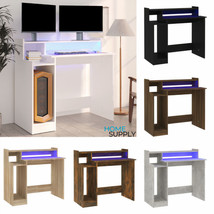 Modern Wooden Computer Laptop Desk Office Table With LED Lights Monitor ... - $80.72+
