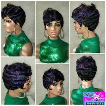 T-Boz&quot;&#39; Short Pixie Cut Finger Waves Synthetic Wig Full Cap Wig color 1b/purple  - £57.67 GBP