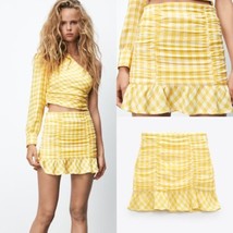 Zara Blogger favorite Yellow Gingham Ruched Ruffle Hem High Rise Mini Sk... - £29.08 GBP