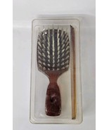 Vintage Hair Brush &amp; Comb Set Plastic Woodgrain Indian Head Nylon Made I... - $28.66