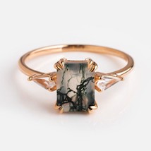 Moss Agate Ring Engagement Ring Emerald Cut Moss Agate Ring 3 Stone Unique Women - $84.14