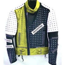 Yellow Unique Design Full Studded Biker Leather Jacket Black White Color Mens - £127.86 GBP