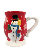 Holiday Time Collectible Red Mug Cup Snowman Snowflakes Earthenware 22.3 Oz - £14.20 GBP