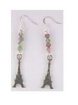 Earrings Eiffel Tower Charms Green Pink Beads Sterling Hooks 2&quot; Long - $10.00