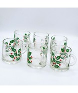 Set Of 6 Holiday Holly Berry Glass Mugs Indiana Christmas Coffee Tea Eggnog - $185.83 MXN