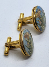 Vintage Amita Japan Cufflinks - Gold Tone Enamel Cloisonne Floral - £29.95 GBP