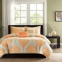 Twin size 4-Piece Orange White Damask Print Comforter Set - £127.57 GBP