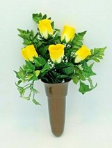 Crypt Mausoleum Vase &amp; Silk Yellow Rose Flowers w/ Bolt Button Support - £75.81 GBP