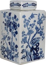 Tea Jar Service Items Vase Bird Floral Flower Square White Blue Ceramic - £207.03 GBP
