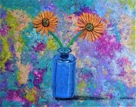 Painting Original Van Gogh Style Signed Art Still Life Flowers Vase Carla Dancey - £26.47 GBP