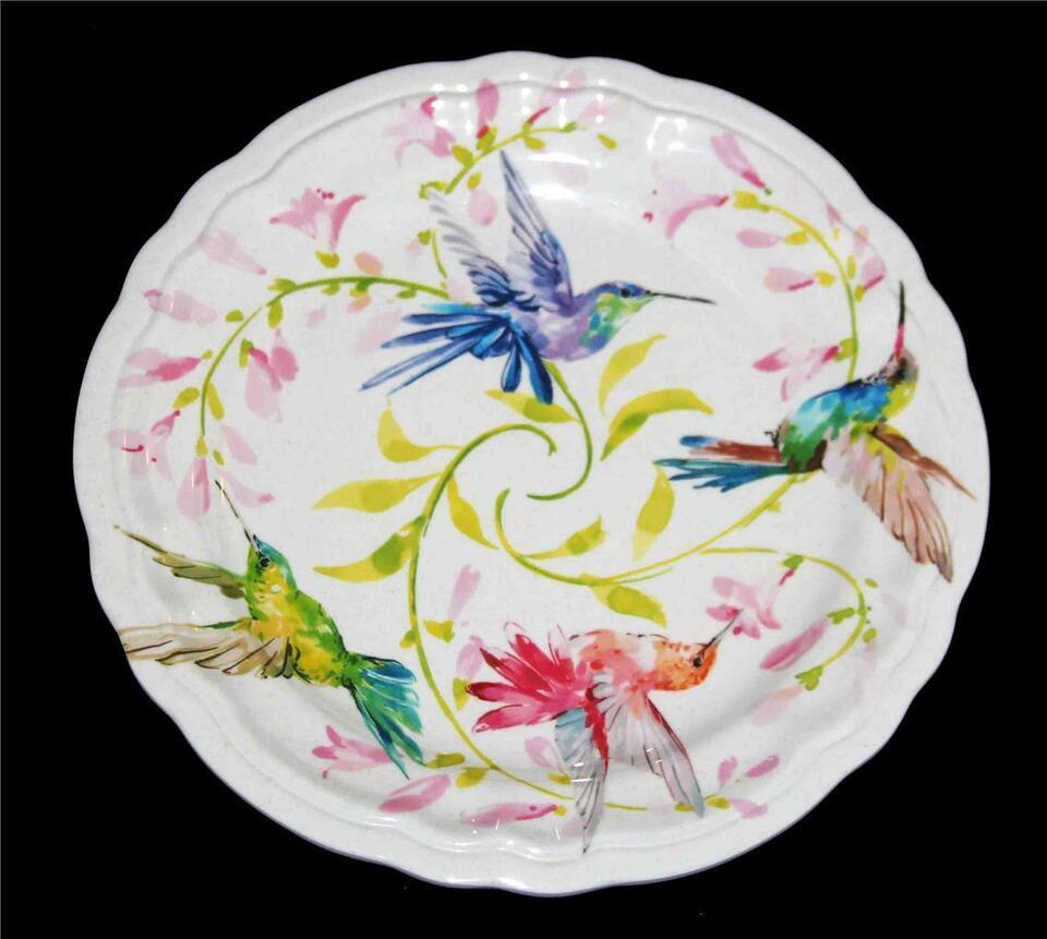 4 Fancy Feathery Hummingbirds 8-1/4&quot; Melamine Scalloped Border Salad Pla... - £32.34 GBP