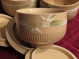 oriental sm ceramic bowls w/lids 4 beige w/white &amp; green accents (Ch/cab) - £20.62 GBP