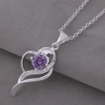 Brilliant Plum Crystal Wavy Heart Pendant Necklace Sterling Silver - £9.97 GBP