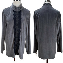 New Natori Jacket Zip Front Lace Detail Gray Lounge Jacket Size L Tag NWT - $36.50