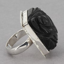 Unique Bold Sterling Carved Black Resin Rose Ring Size 7 Signed KC in Crown  - £39.50 GBP