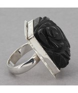 Unique Bold Sterling Carved Black Resin Rose Ring Size 7 Signed KC in Cr... - £39.27 GBP
