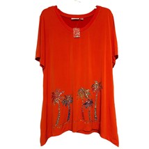 Dream Knit By Quacker Factory Womens Blouse Orange XL Sequin Palm Tree Pullover - £21.79 GBP