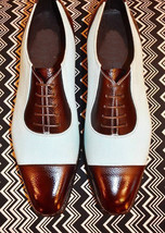 Handmade Two Tone Brown &amp; White Real Leather Capped Shoes, luxury Shoes 2019 - £115.09 GBP