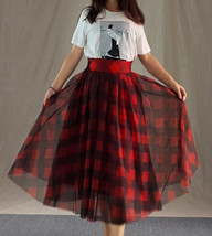 Red Long Plaid Skirt Holiday Outfit Women Custom Plus Size Tulle Plaid Skirt image 8