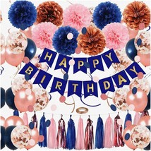 Navy Rose Gold Blissful Bash Kit: Happy Birthday Banner, Tissue Paper Pom, Tel G - £21.42 GBP