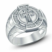 Men&#39;s 1Ct Simulated Diamond Cross Pinky Ring 14K White Gold Plated Weddi... - $154.76