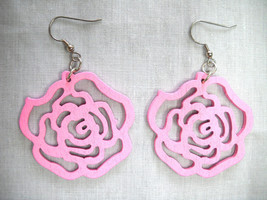 New Pastel Pink Cut Out Rose Flower Silhouette Wooden Dangling Flowers Earrings - £5.58 GBP