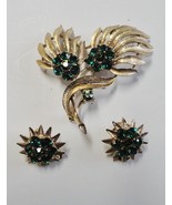 Vintage Lg. Pin (Brooch) w/Emerald Color Stones w/Clip-On Matching Earri... - $19.50