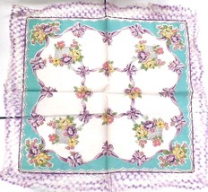 Vintage Hanky Handkerchief Basket Flowers Purples Crochets Edges NWT 1940s - £15.15 GBP