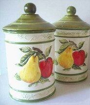 Kitchen Canisters 3D Raised Fruit Porcelain Ceramic Jars + Lids 2 Vtg Containers - £53.88 GBP