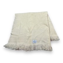 Vtg Faribo Wool Throw Blanket 44x44” Beige Cream Square Knit Fringe USA - £21.04 GBP