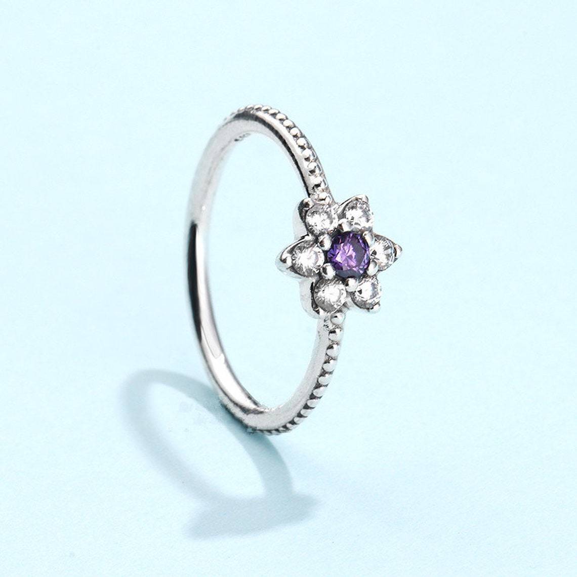 925 Sterling Silver Forget Me Not with Purple CZ Ring For Women