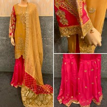 Pakistani Mustard/Hot Pink Straight Style Embroidered Sequins  Gharara Suit,M - £114.60 GBP