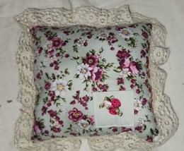 Childs Tooth Fairy Works 8x8  Rose Floral Flower Pocket Pillow With Lace - £11.71 GBP