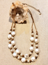 Double Strand Necklace Faux Pearl Disk Gold Tone Beaded Vintage 1928 Brand - $17.41