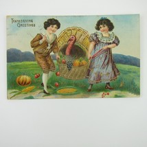 Thanksgiving Postcard Boy Basket Fruit &amp; Wild Turkey Gold Embossed Antique 1913 - £7.85 GBP
