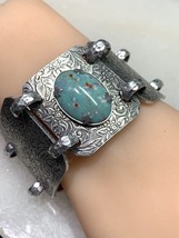 Vintag Light Metal Panels Faux Turquoise Bracelet 7.5” - £22.45 GBP