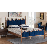 Julian Royal Blue Velvet Fabric and Walnut Brown Wood Queen Size Platfor... - $13,824.05 MXN