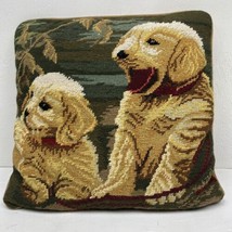 2 Yellow Lab Puppies Wool Needlepoint Throw Pillow Handmade 13x13 Golden Dogs - £41.10 GBP