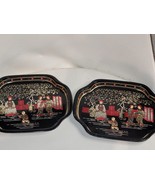 Vintage pair Metal tin Trays Asian Scene Small Black Coasters made in Ho... - £11.78 GBP